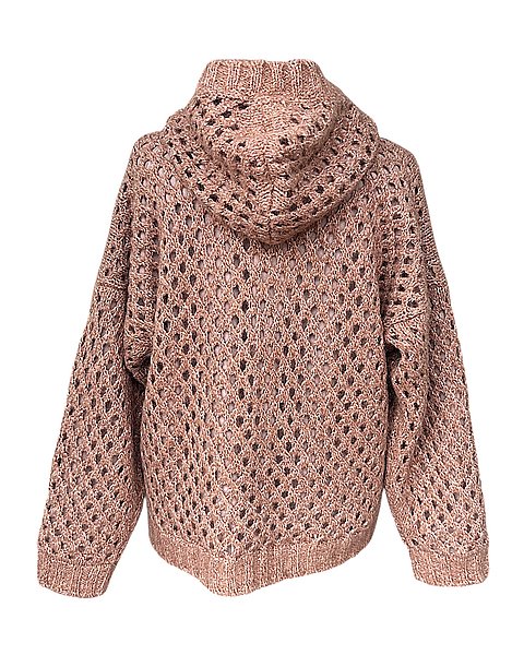Giacca in maglia stravagante con cappuccio ed effetto brillante, tonalità Whiskey