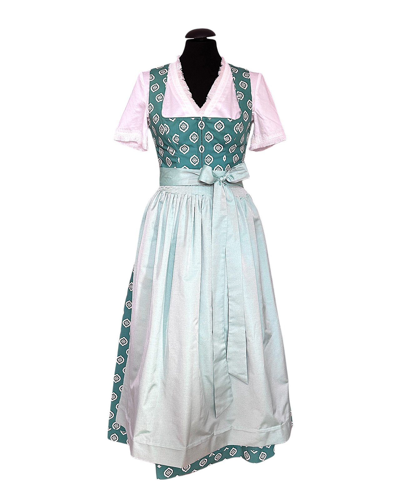 Verspieltes Midi-Dirndl in Petrol mit passender Schürze