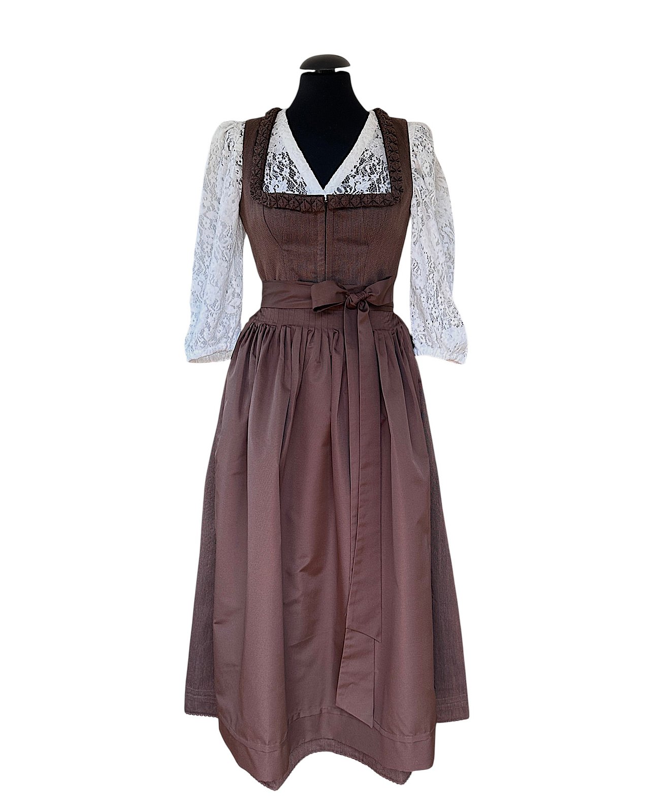 Wunderschönes, langes Dirndl in Dunkelbraun mit passender Schürze
