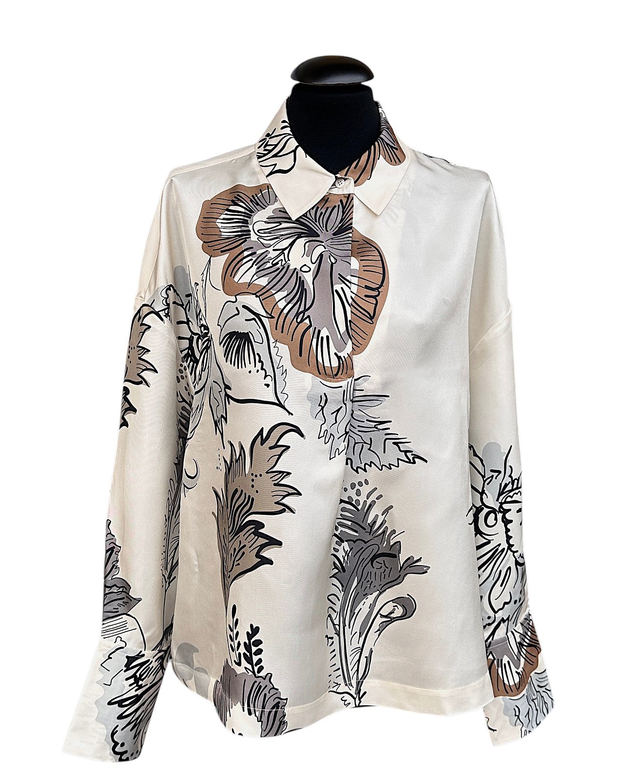 Seidenbluse in Champagner mit floralem Print & klassischem Kragen