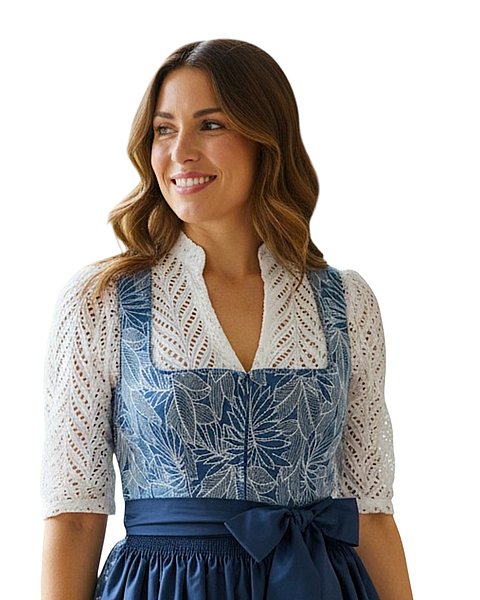 Modernes Midi-Dirndl in Jeansoptik mit feinem Blättermuster und passender Schürze