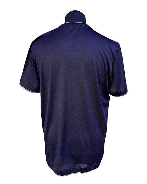 Dunkelblaues T-Shirt aus Seide-Baumwolle mit Kontrastdetails