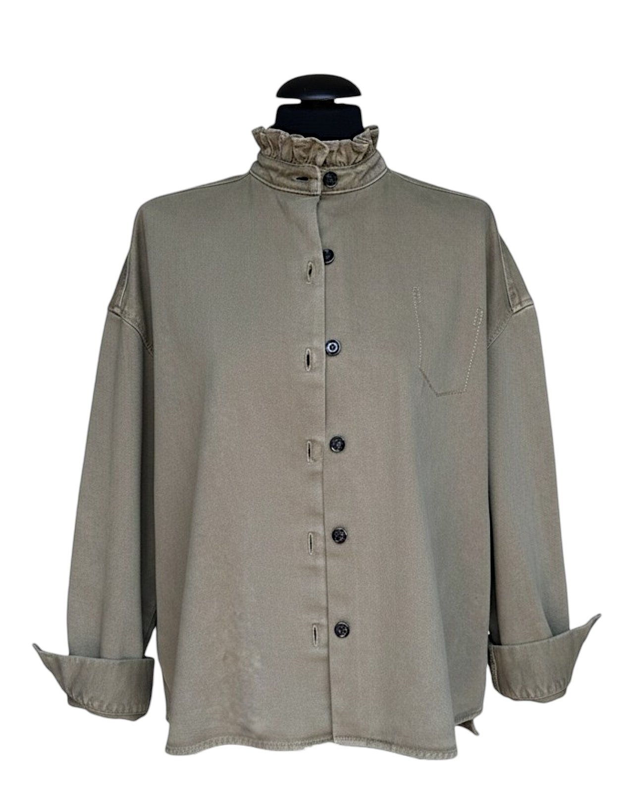 Giacca di jeans casual con colletto arricciato, verde oliva