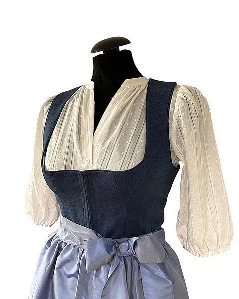 Dirndl tradizionale in lino blu scuro con motivo a pois bianchi