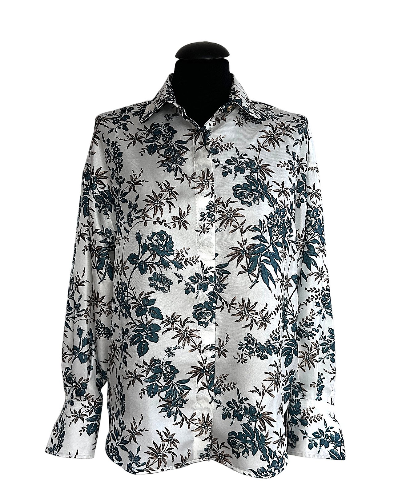 Seidenbluse in weiß mit floralem Allover-Muster in petrol/braun