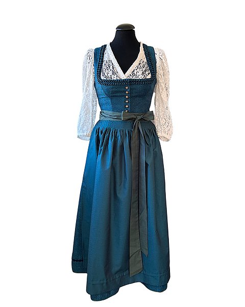 Wunderschönes, langes Dirndl in Petrol mit passender Schürze