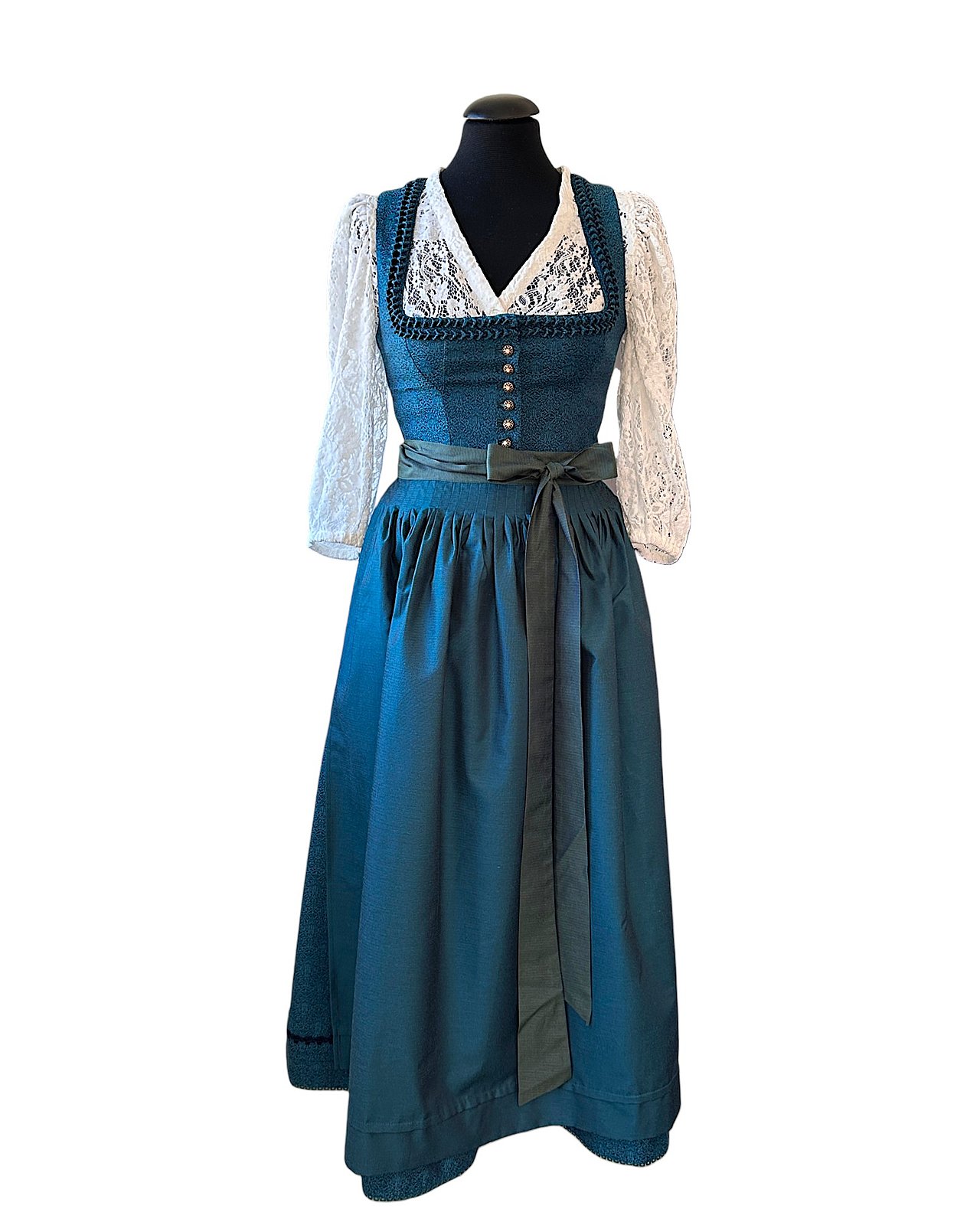 Wunderschönes, langes Dirndl in Petrol mit passender Schürze