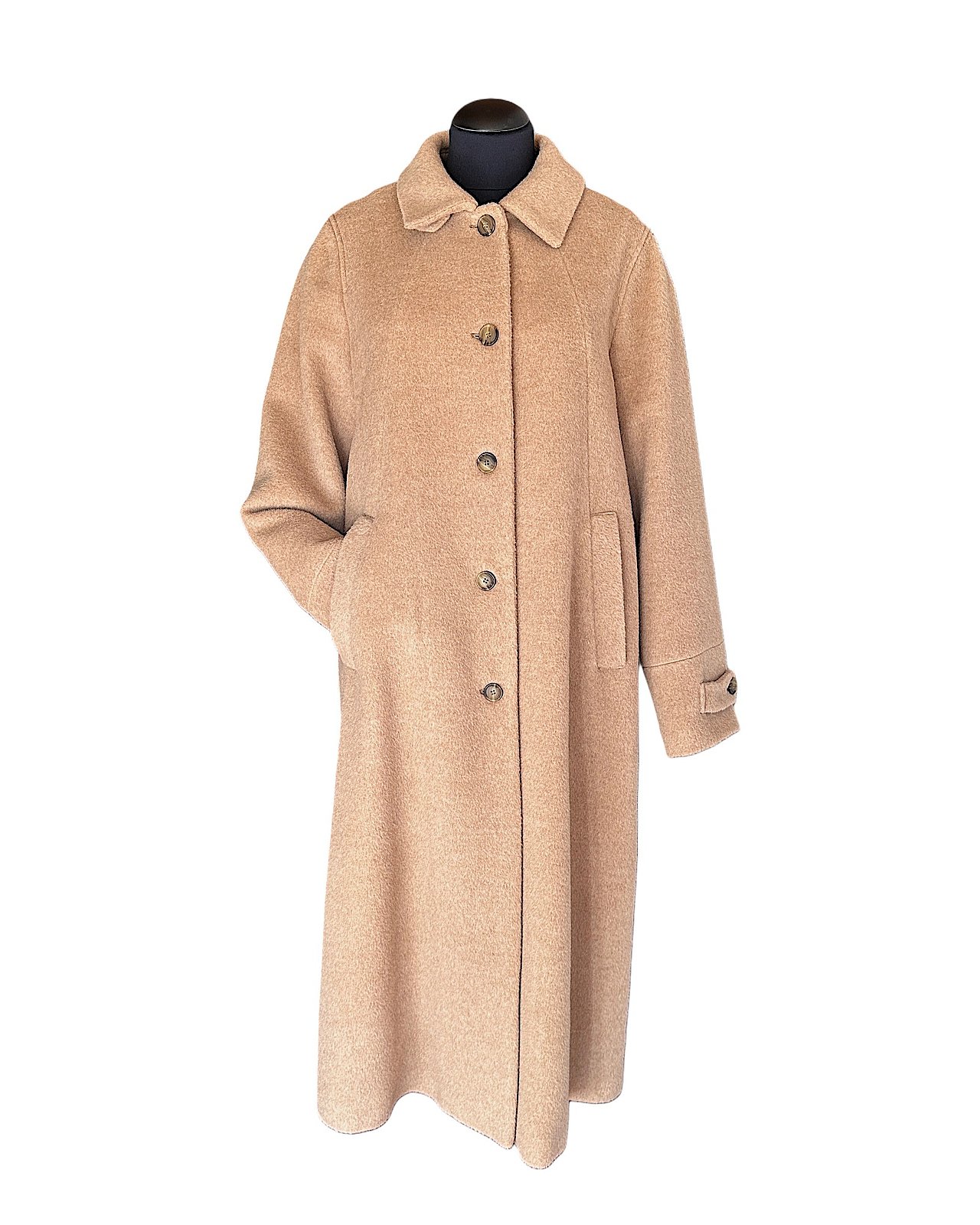 Raffinato cappotto chiaro in lana, cammello e alpaca 