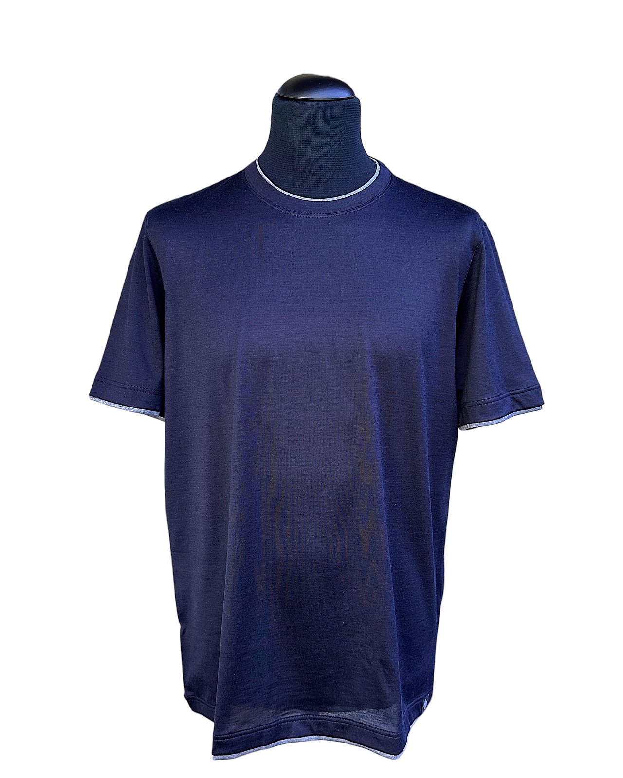 Dunkelblaues T-Shirt aus Seide-Baumwolle mit Kontrastdetails