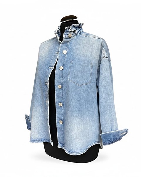 Giacca in jeans casual con colletto a volant, azzurro chiaro