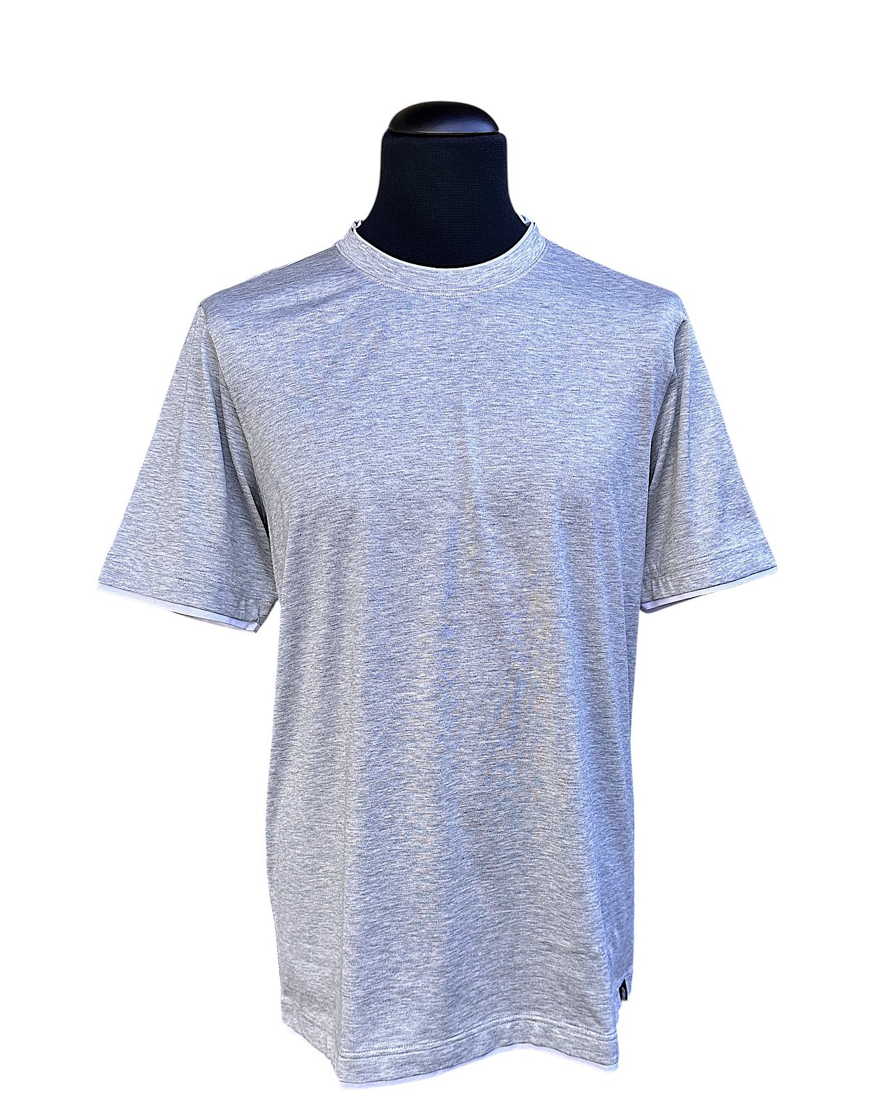 Hellgraues T-Shirt aus Seide-Baumwolle mit Kontrastdetails