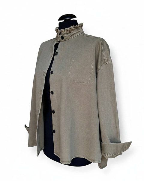Giacca di jeans casual con colletto arricciato, verde oliva
