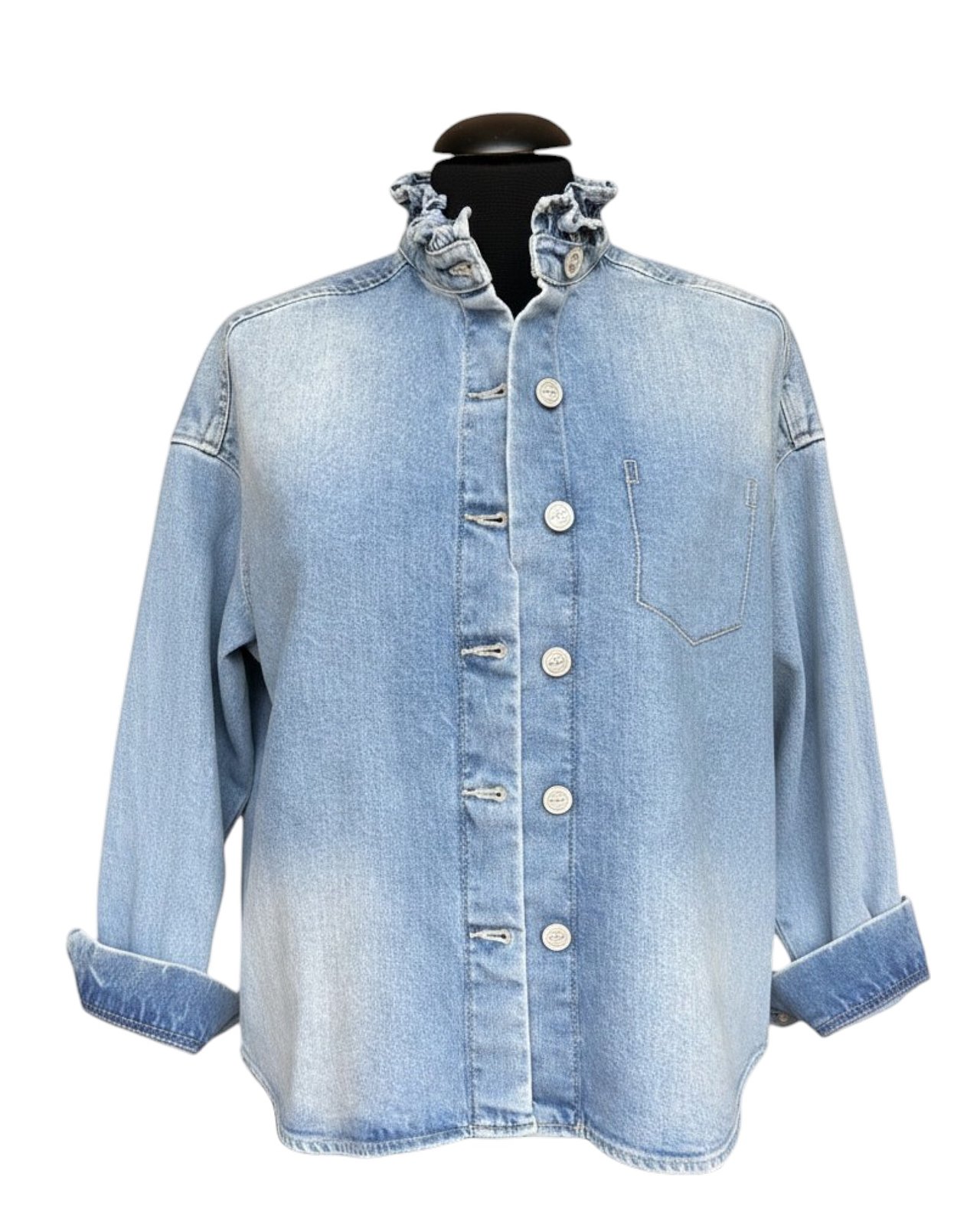 Giacca in jeans casual con colletto a volant, azzurro chiaro