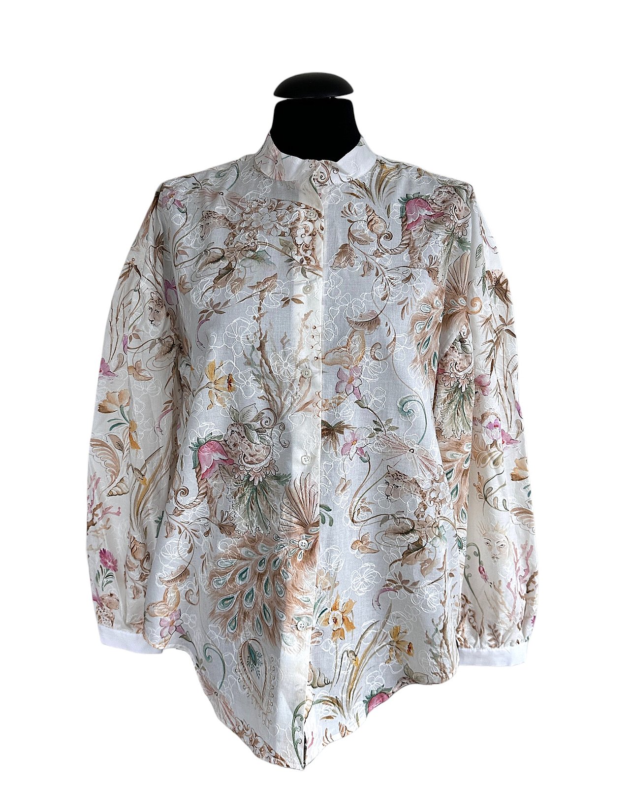 Blusa romantica con ricamo floreale e collo alla coreana in bianco-beige