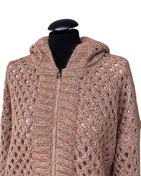 Giacca in maglia stravagante con cappuccio ed effetto brillante, tonalità Whiskey