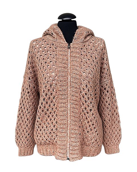 Giacca in maglia stravagante con cappuccio ed effetto brillante, tonalità Whiskey