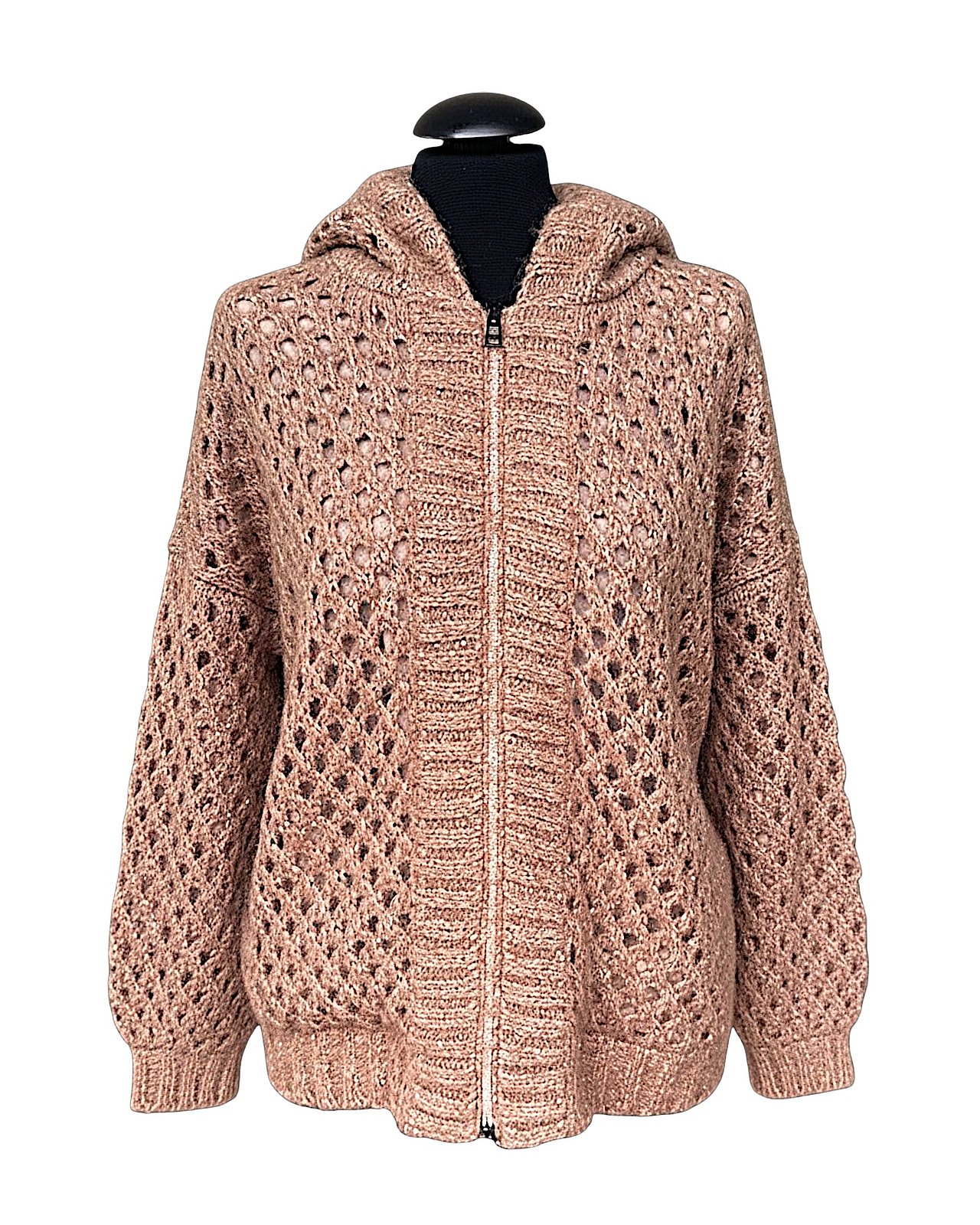 Giacca in maglia stravagante con cappuccio ed effetto brillante, tonalità Whiskey