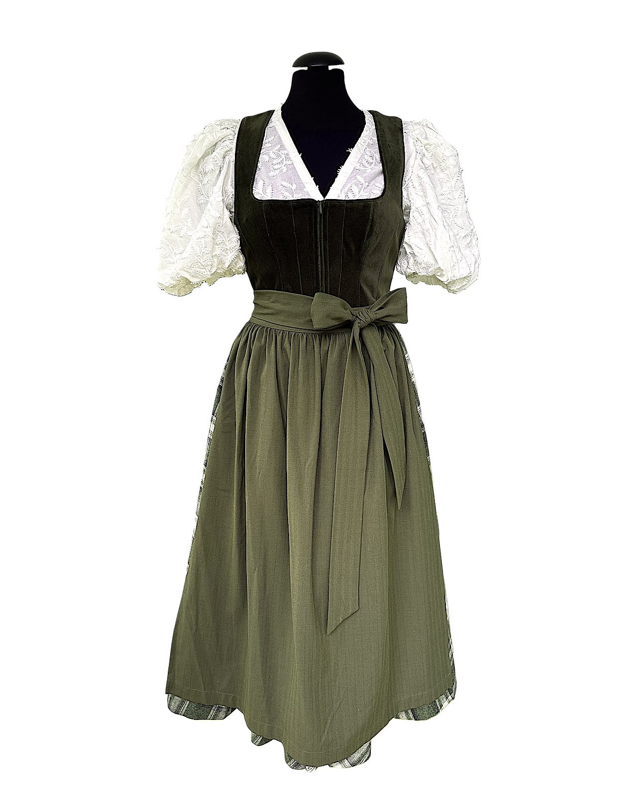 Edles Midi-Dirndl mit grünem Samtmieder und Karo-Rock 