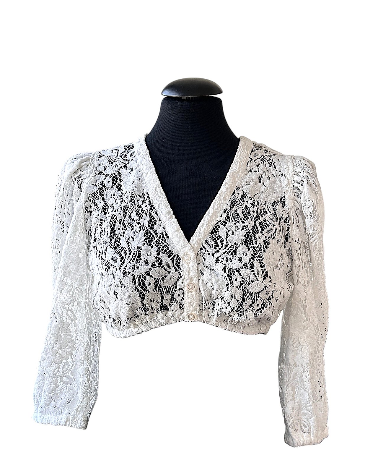 Weiße 3/4 Arm- Dirndlbluse in romantischer Allover-Spitze