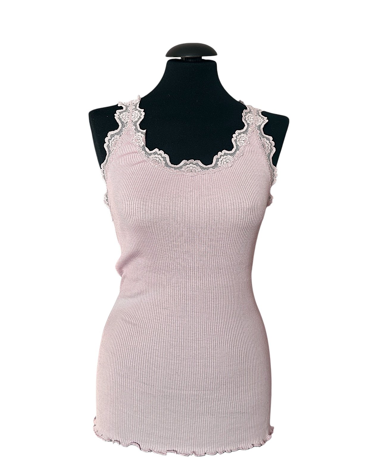 Top classico in seta con pizzo, color cipria