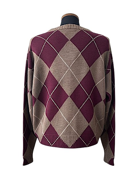 Raffinato cardigan in cashmere a motivi geometrici, bordeaux e nocciola 