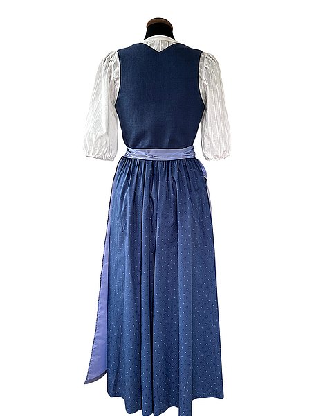 Dirndl tradizionale in lino blu scuro con motivo a pois bianchi