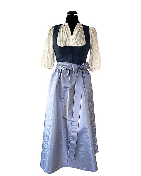 Dirndl tradizionale in lino blu scuro con motivo a pois bianchi 