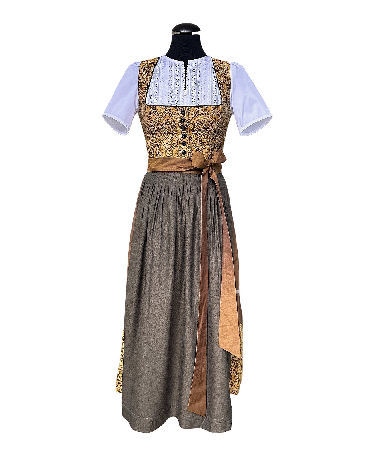 Dirndl espressivo in misto lino e cotone, oro-marrone 