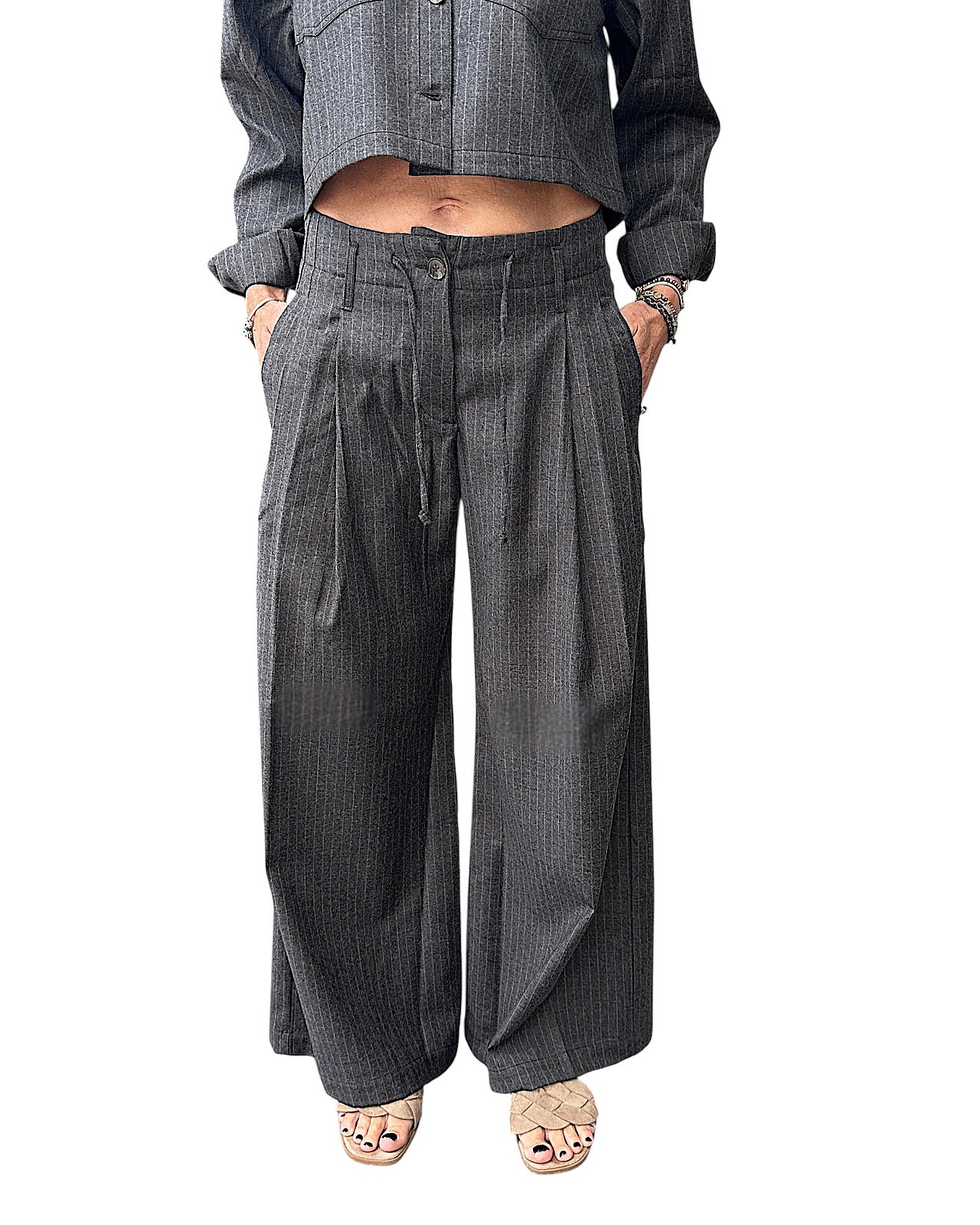 Pantaloni gessati casual color cioccolato 