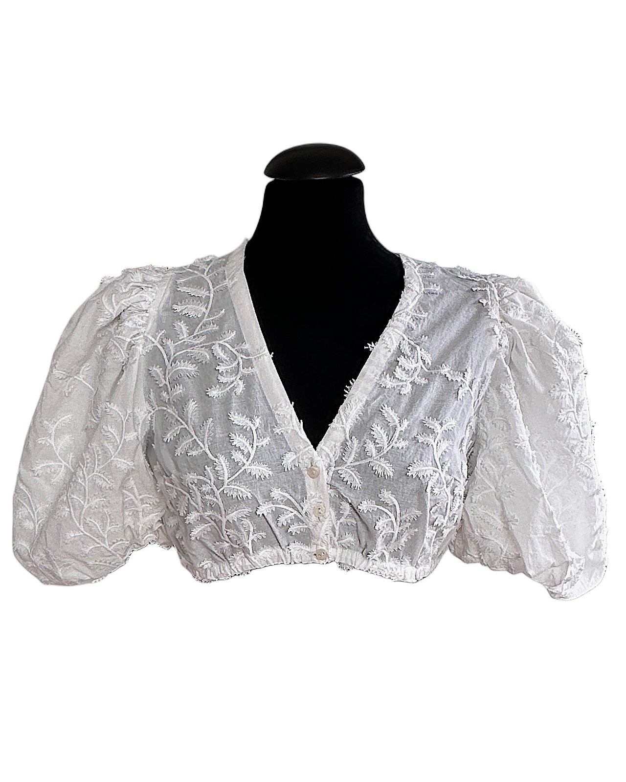 Elegante camicetta da Dirndl con ricamo floreale, bianca