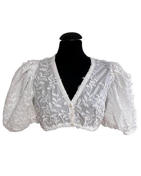 Elegante camicetta da Dirndl con ricamo floreale, bianca